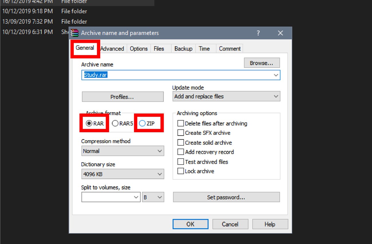 On the General tab, choose the archive format (Rar or Zip) in the Archive format section.