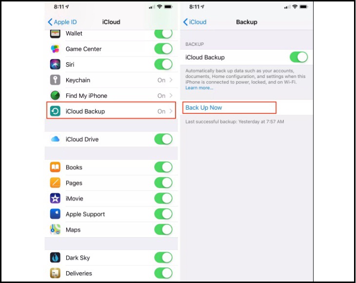 bật nút Sao lưu iCloud