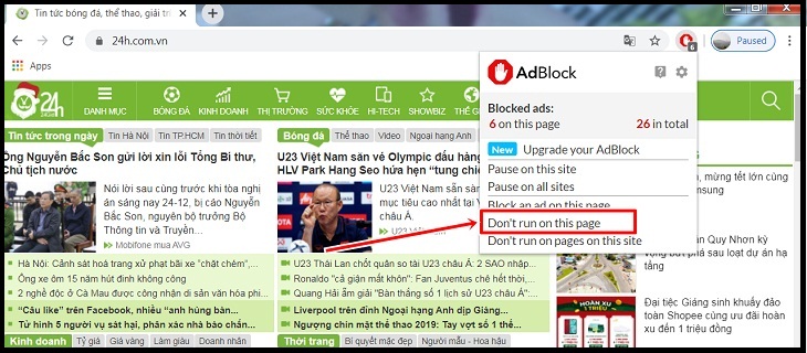 Cách bật và tắt AdBlock chặn quảng cáo đơn giản nhanh chóng > Tìm và chọn Don't run on pages on this domain