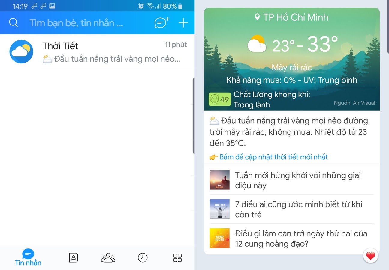 Chọn mục Tin nhắn > Chọn thời tiết để xem tia UV, mức độ ô nhiễm không khí