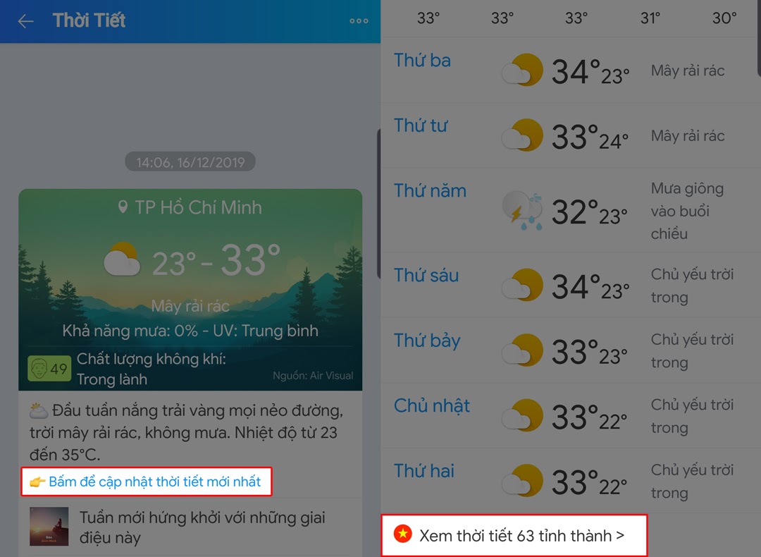 Bấn để cập nhật thời tiết mới nhất để xem thời tiết ở khu vực khác
