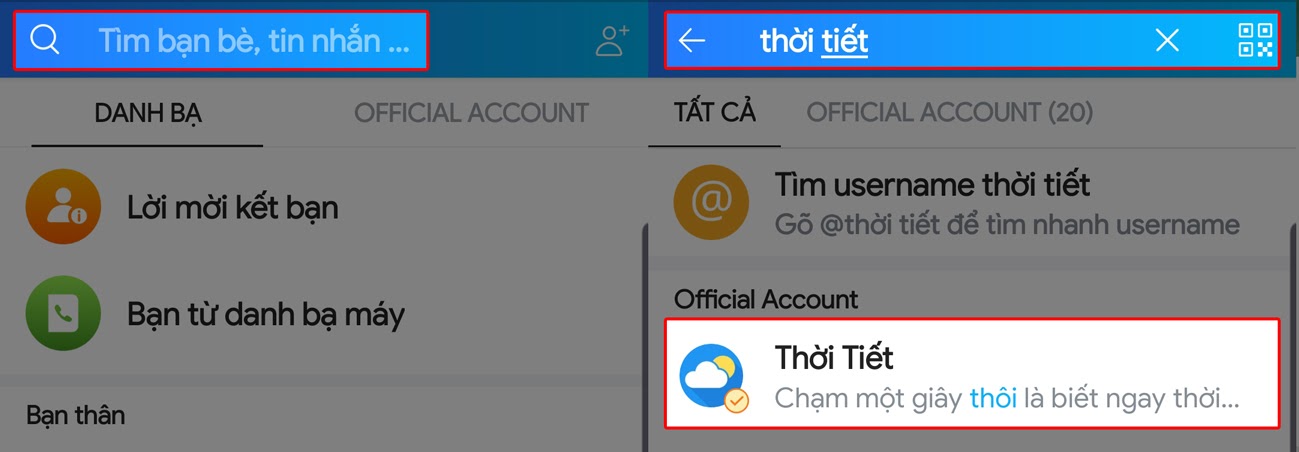 Nhập từ khóa Thời tiết tại thanh tìm kiếm ở trên cùng > Chọn mục Thời tiết đầu tiên trong Office Account 