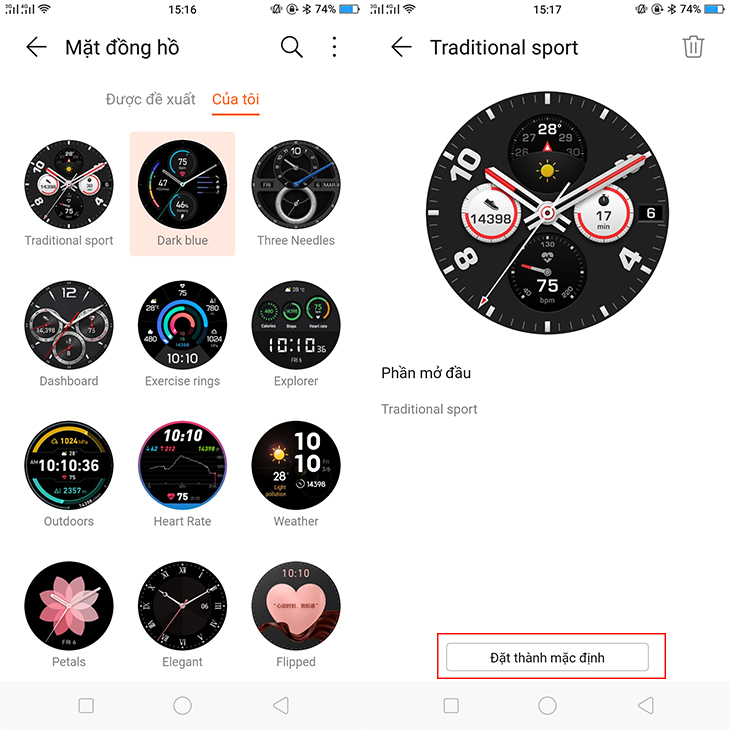 Chọn mặt đồng hồ bạn yêu thích > Đặt thành mặc định