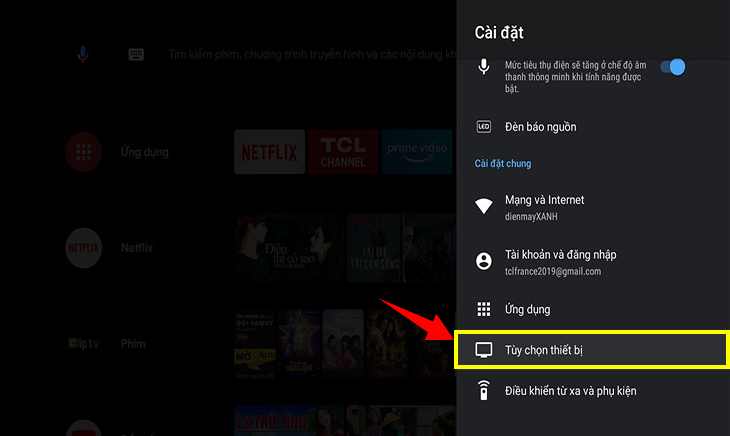 Cách cập nhật phần mềm hệ thông trên android tivi tcl - tùy chọn thiết bị