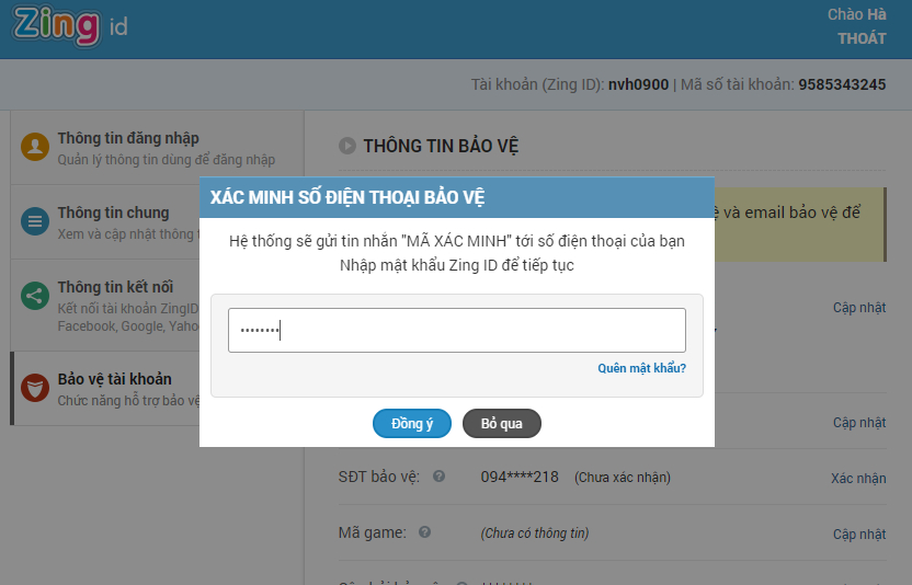 Nhập mật khẩu ZingID của bạn, sau đó bấm Đồng ý