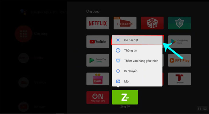 Cách xóa ứng dụng trên Android tivi TCL 2019 - Chọn gỡ cài đặt