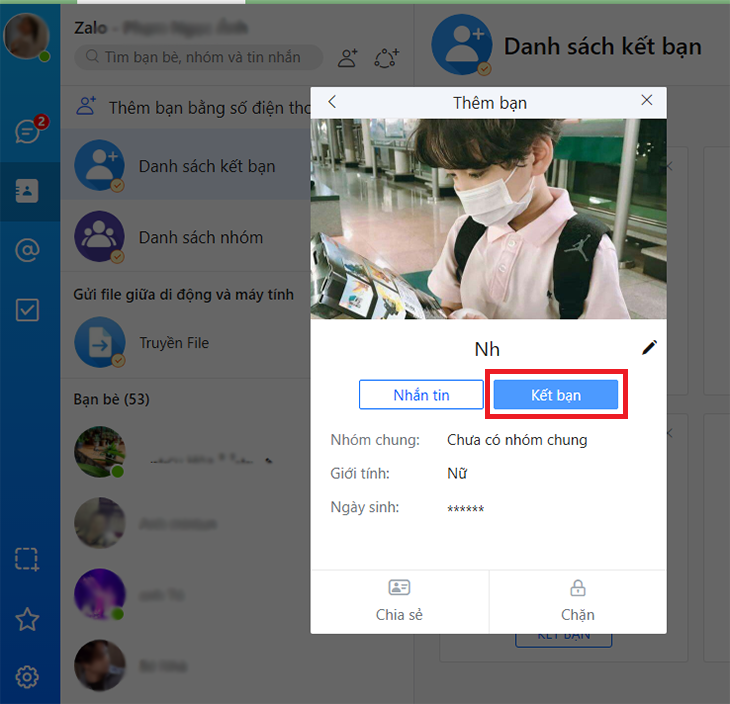 nhấn vào kết bạn