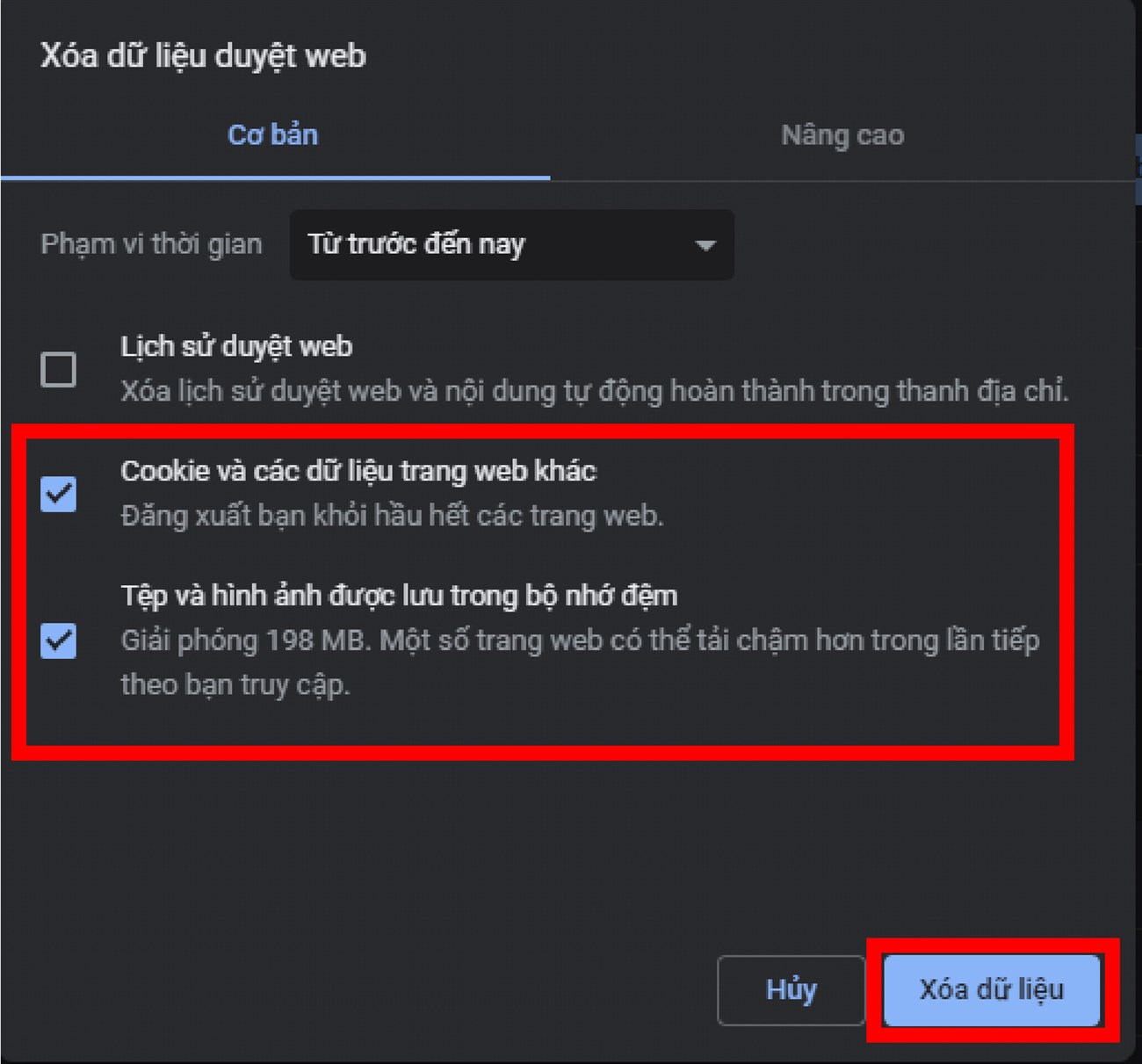 Tích chọn Cookies, Tệp và hình ảnh để xóa dữ liệu 