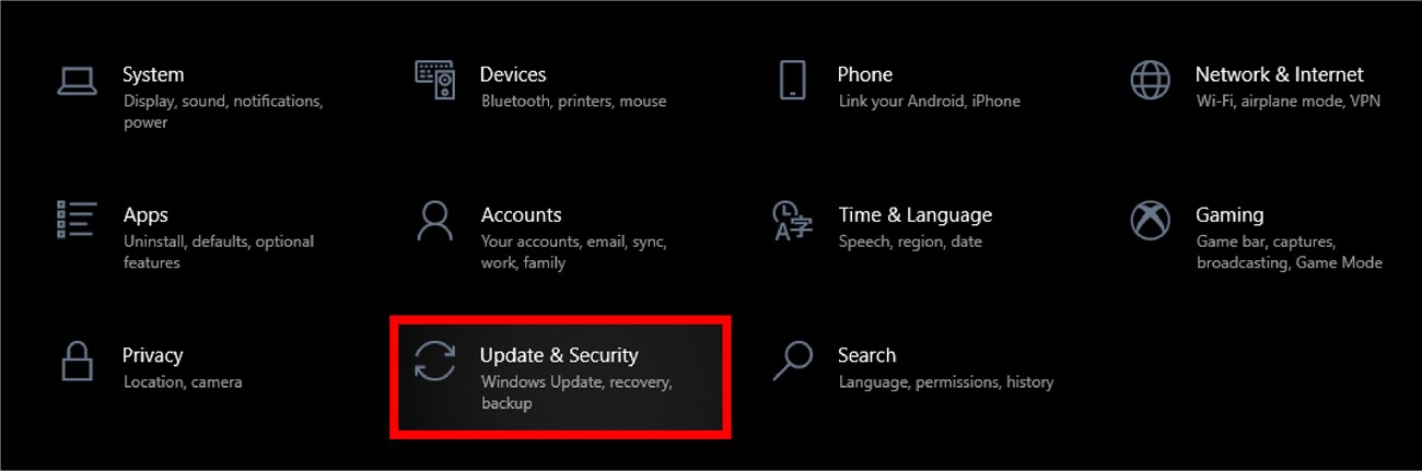 Nhấn phím Windows (biểu tượng cửa sổ) + I và chọn Update and Security.