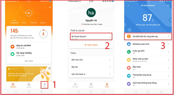 Hồ sơ > Thiết bị của tôi > Mi smart Band 4 > Cài đặt hiển thị vòng đeo tay