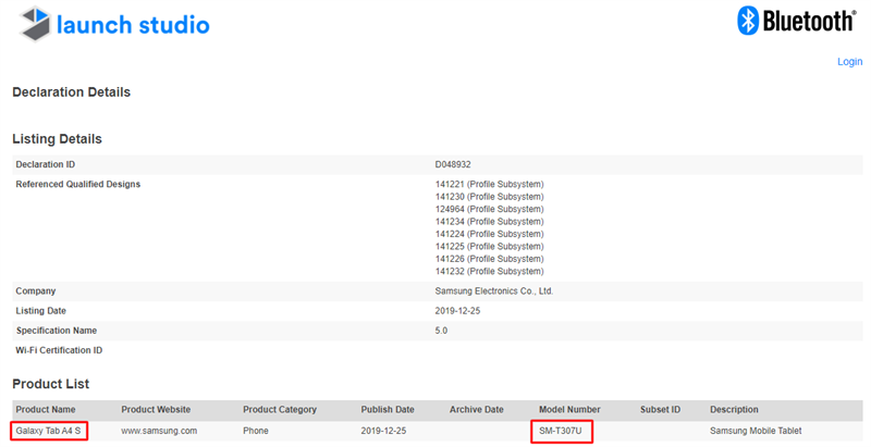 Samsung Galaxy Tab A4 S được chứng nhận Bluetooth