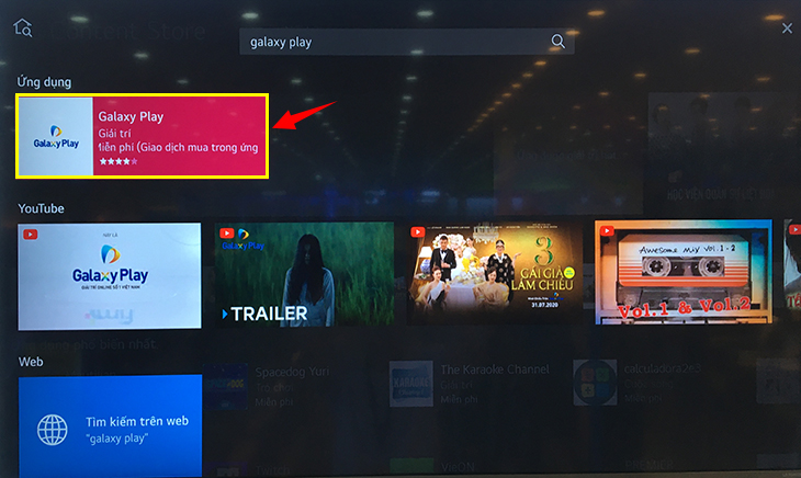 Ứng dụng Galaxy Play hiển thị ra  sau kết quả tìm kiếm