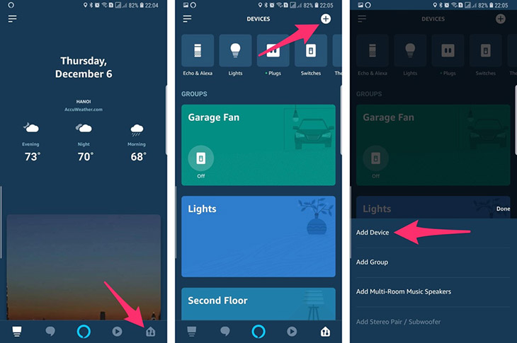 Cách thiết lập và điều khiển nhà thông minh thông qua trợ lí ảo Amazon Alexa > nhấn vào Devices và chọn Add Device.