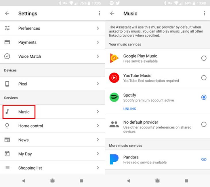 Cách điều khiển và phát nhạc trên Spotify thông qua loa Google Home > Nhấn vào Music và chọn Spotify.