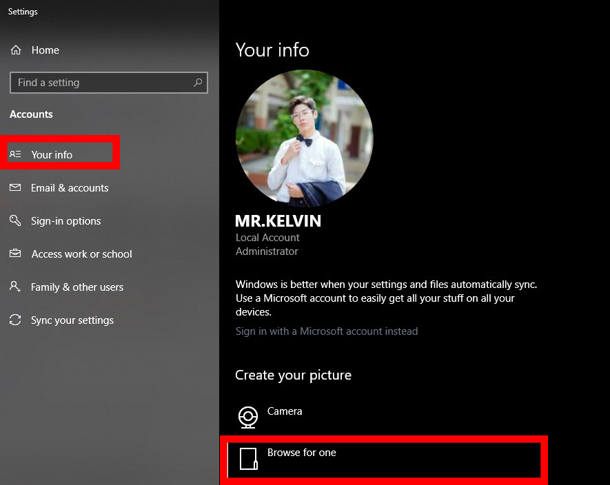 2 cách đổi ảnh đại diện, avatar trên Windows 10