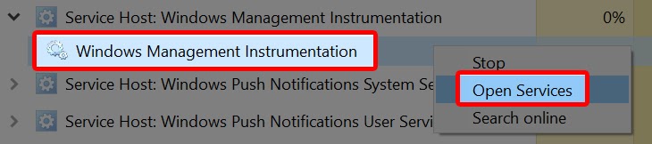 nhấn chuột phải vào Windows Management Instrumentation > Open Services 