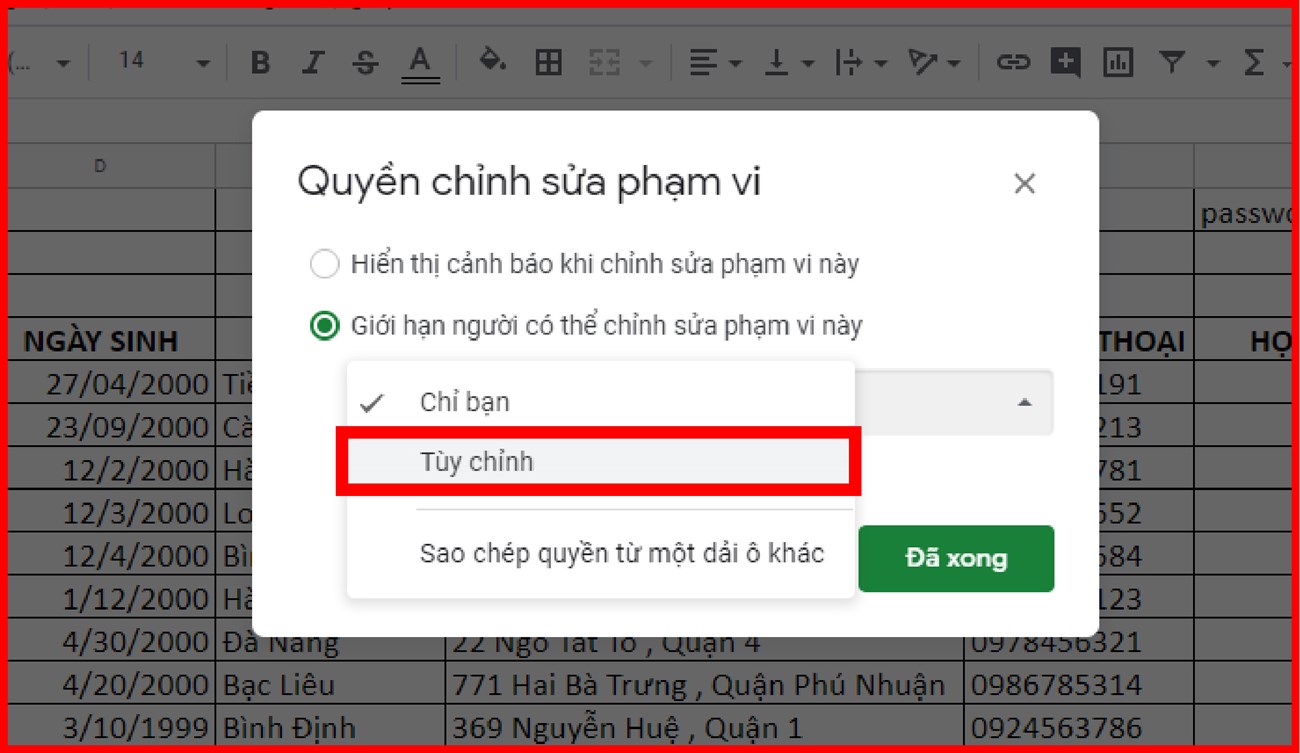 Bạn hãy nhấp vào Giới hạn người có thể chỉnh sửa phạm vi này > nhấp vào menu thả xuống > chọn Tùy chỉnh