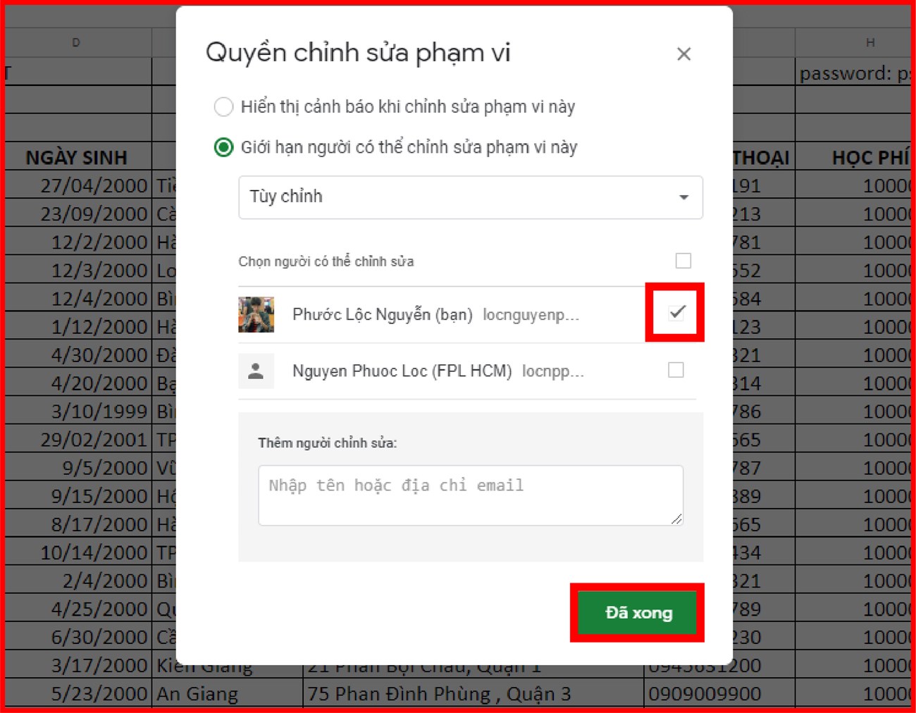 Cách khóa các ô trong bảng tính Google Sheet nhanh và đơn giản nhất > Tích chọn vào hộp kiểm bên cạnh tên người dùng