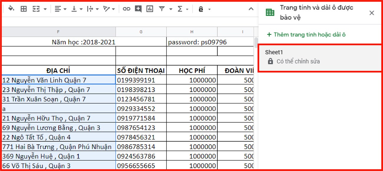 Cách khóa các ô trong bảng tính Google Sheet nhanh và đơn giản nhất > Bạn hãy chọn trang tính bạn đã thiết lập khóa