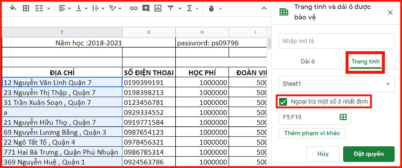 Cách khóa các ô trong bảng tính Google Sheet nhanh và đơn giản nhất > Bạn hãy tích vào hộp kiểm Ngoại trừ một số ô nhất định