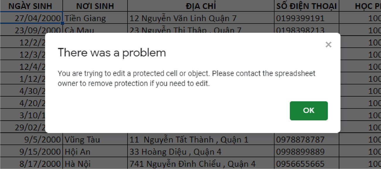 Cách khóa các ô trong bảng tính Google Sheet nhanh và đơn giản nhất > Thông báo sẽ xuất hiện nếu người khác chỉnh sửa ô khóa