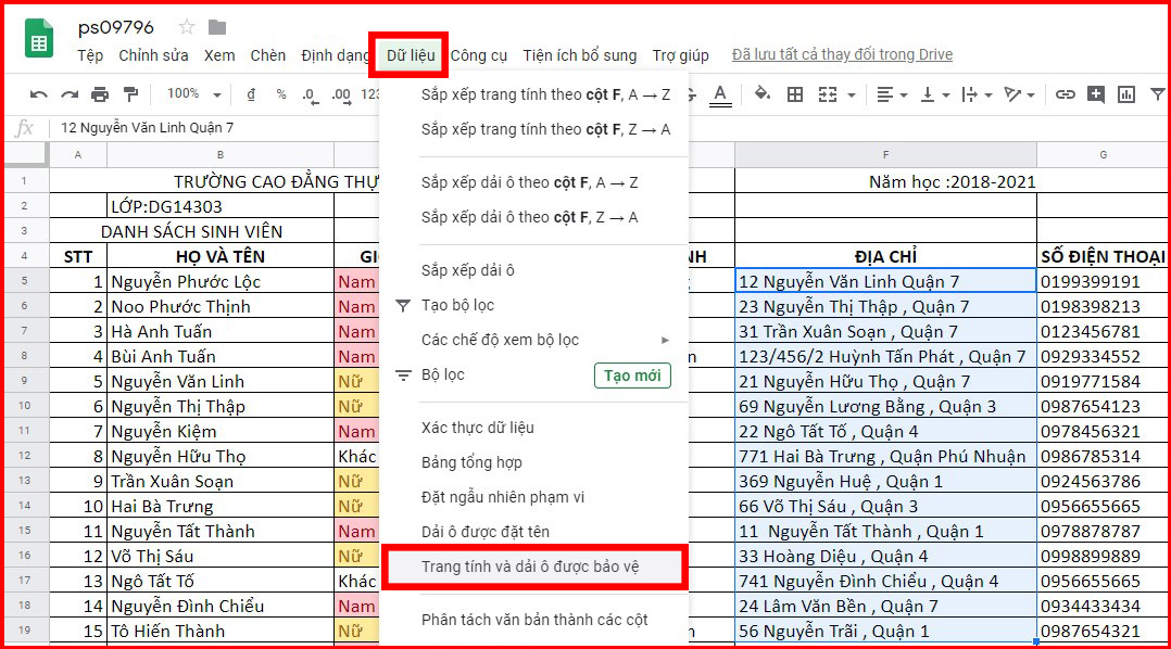 Nhấp vào Dữ Liệu  Chọn Trang tính và dải ô được bảo vệ