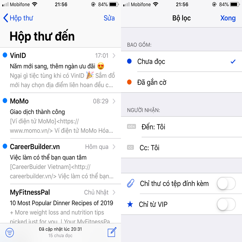 Bộ lọc Mail chuyên nghiệp có thể thao tác trên giao diện của iPhone