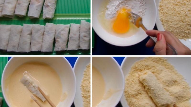 Dùng đũa gắp chả giò nhúng qua hỗn hợp bột mì và trứng 