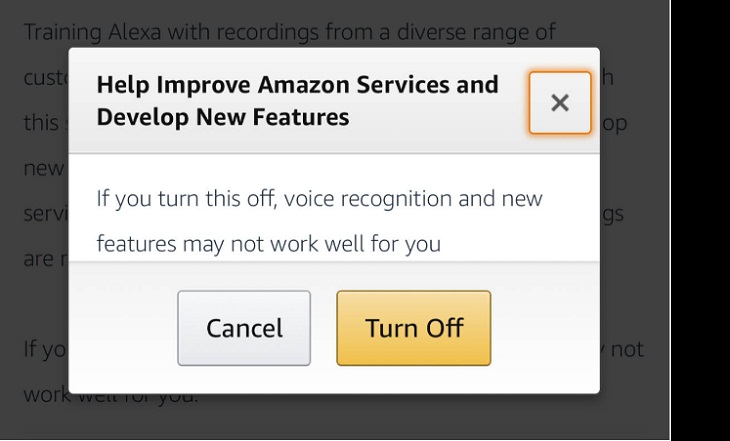 Cách quản lý và xóa dữ liệu giọng nói trên Amazon Alexa > tắt chức năng này có thể làm cản trở một số tính năng của ứng dụng