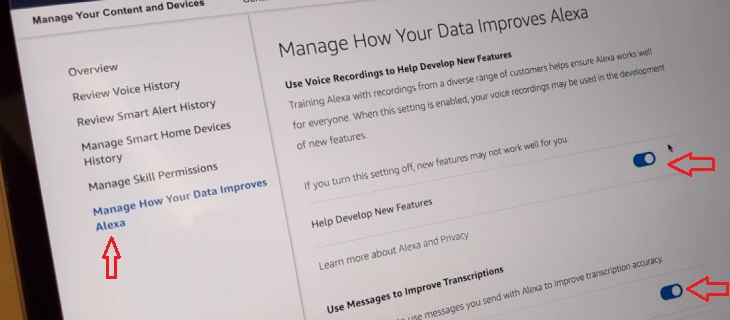 Cách quản lý và xóa dữ liệu giọng nói trên Amazon Alexa > dừng chia sẻ dữ liệu bản ghi trên Alexa thông qua trình duyệt web