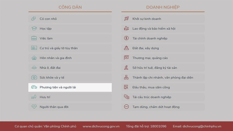 Chọn Phương tiện và người lái tại mục CÔNG DÂN