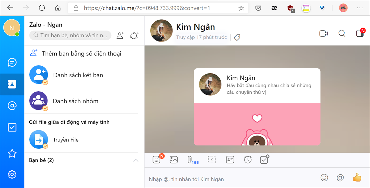 Giao diện nhắn tin trên web Zalo