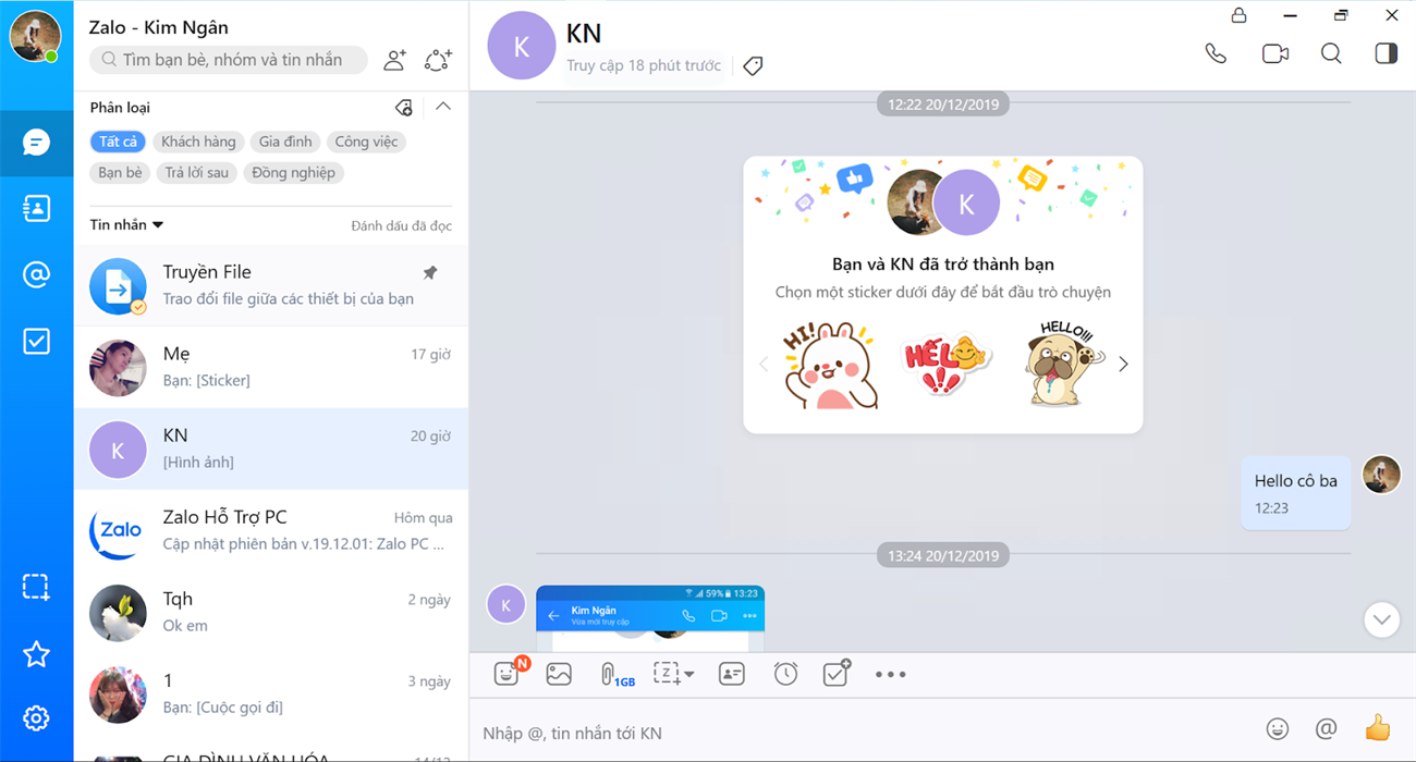 Giao diện nhắn tin Zalo trên máy tính
