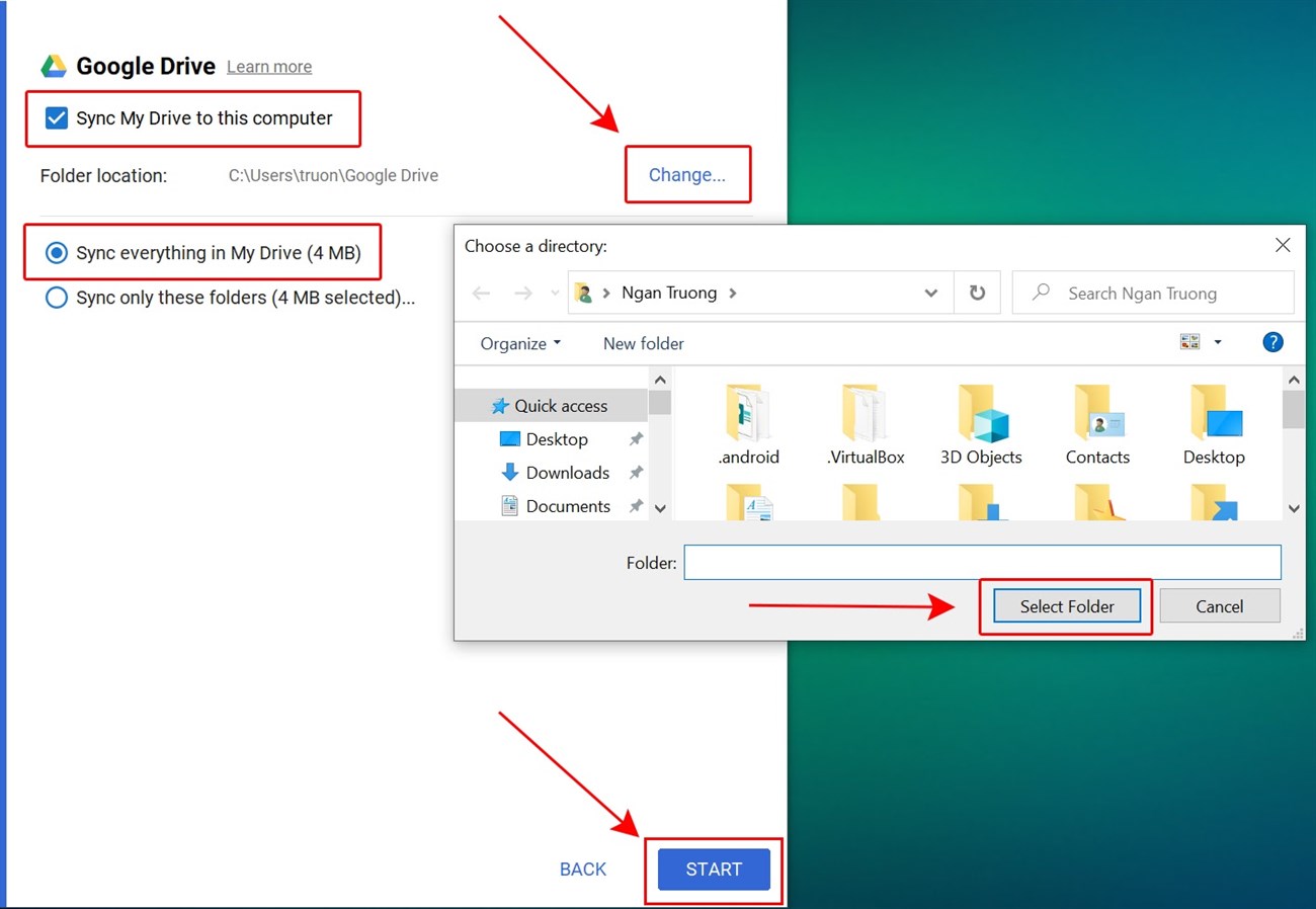 Nhấn Start để bắt đầu đồng bộ, tải về toàn bộ dữ liệu trên Google Driver về máy tính