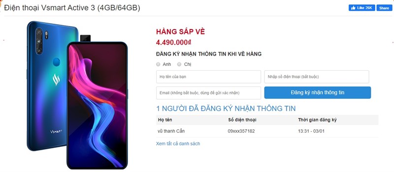 Giá bán Vsmart Active 3 (4GB/64GB) Giá bán Vsmart Active 3 (4GB/64GB)