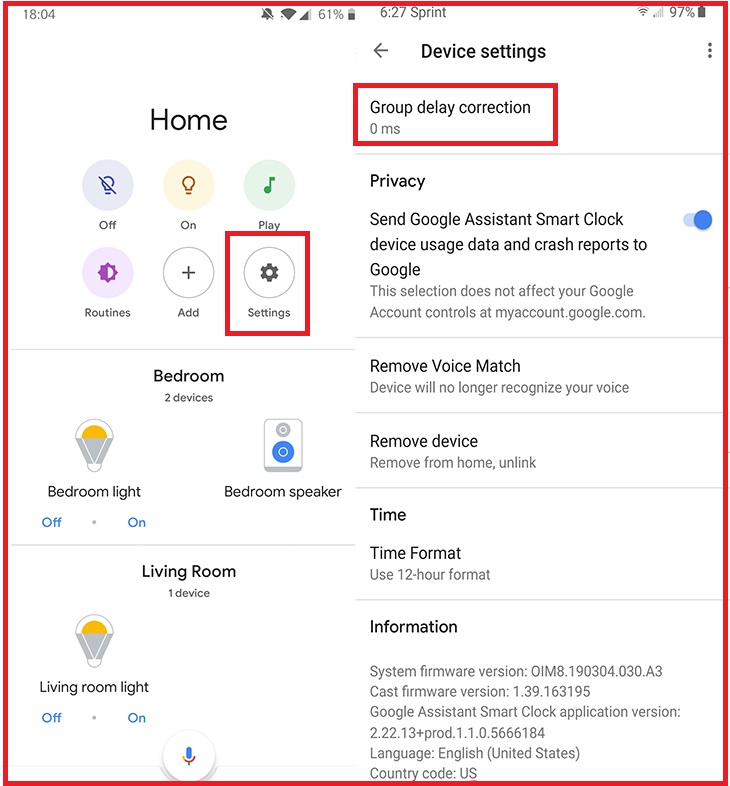 Cách kết nối và đồng bộ loa Google Home với loa Bluetooth > chọn 'Group delay correction'