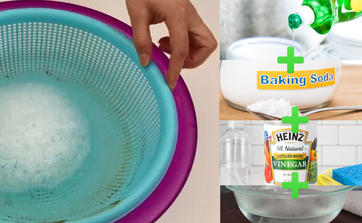 Mẹo vệ sinh rổ nhựa tại nhà vừa sạch vừa đánh bay mùi > Sử dụng hỗn hợp nước rửa chén + baking soda + giấm + nước ấm