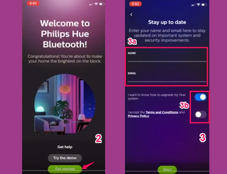 Cách kết nối nhiều đèn Philips Hue thông qua Bluetooth > khởi chạy ứng dụng, bấm get starts, đăng kí tên và email