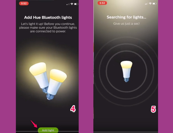 Cách kết nối nhiều đèn Philips Hue thông qua Bluetooth > nhấn nút Add Light, ứng dụng bắt đầu tìm kiếm thiết bị
