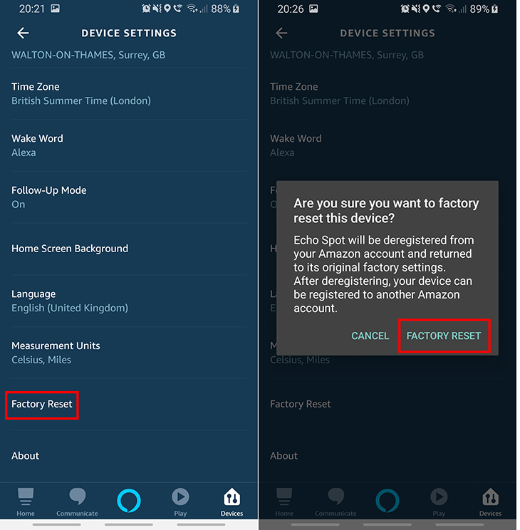 Cách khôi phục cài đặt gốc (reset) loa thông minh Amazon Echo Dot > chọn Factory Reset tromg mục Devices settings