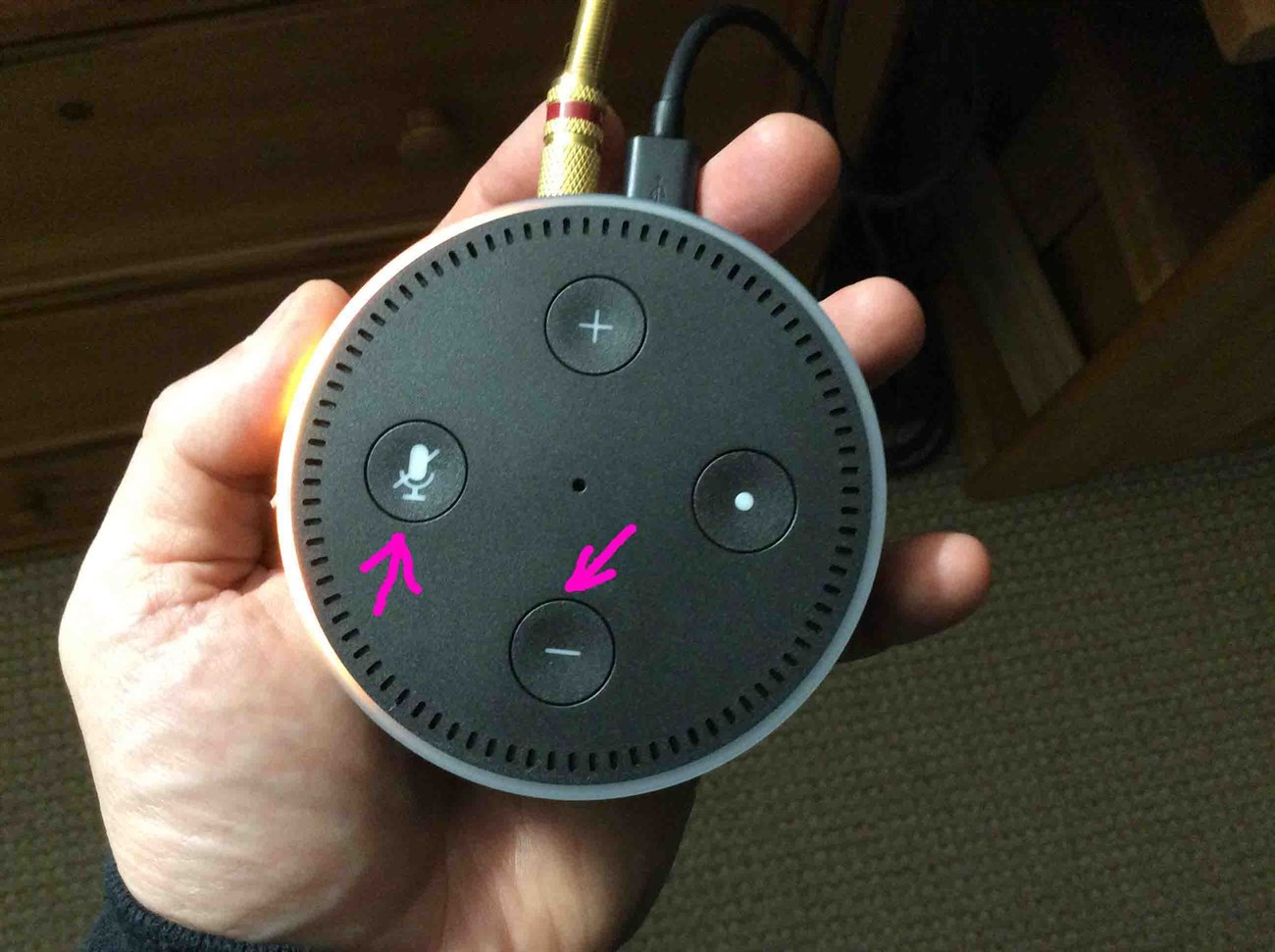 Cách khôi phục cài đặt gốc (reset) loa thông minh Amazon Echo Dot > nhấn và giữ nút tắt âm và giảm âm lượng