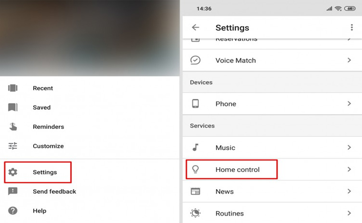 Cách đồng bộ dữ liệu trên loa Google Home với điện thoại Android > Nhấn Tài khoản (Account) > Cài đặt (Settings) > Trợ lý (Assistant) > Điều khiển nhà (Home control)