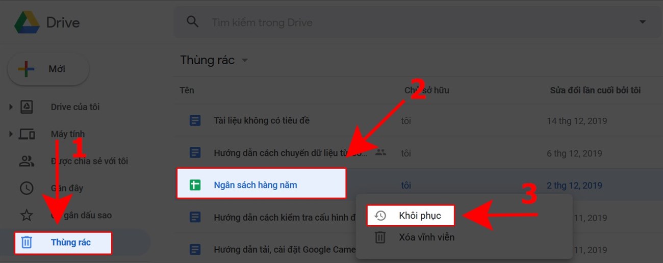 2 cách khôi phục dữ liệu xóa nhầm, xóa vĩnh viễn Google Drive > Truy cập vào Thùng rác