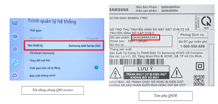 Thông báo về thay đổi tên dùng chung của dòng tivi Samsung Q60 và Q70 Series > Tất cả các sản phẩm series 6 sẽ sử dụng tên chung Q60 Class và được phân biệt bằng tem phụ trên thùng tivi. 