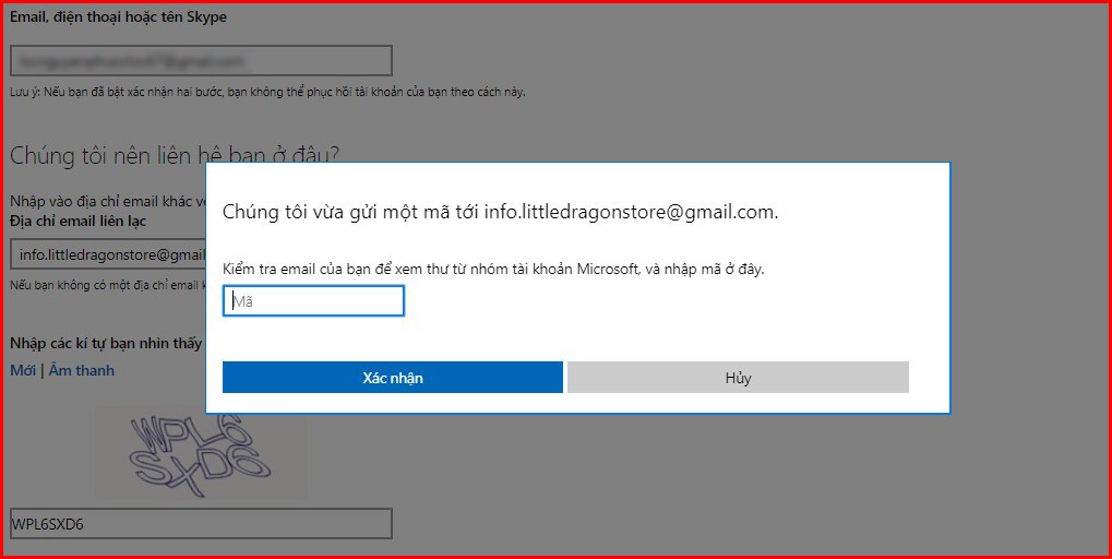 Điền mã xác nhận được Microsoft gửi qua email liên hệ