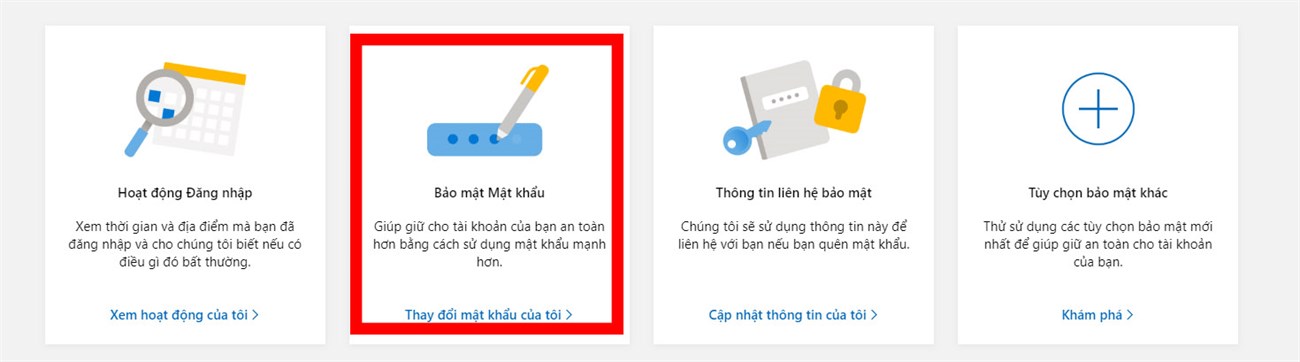 Hướng dẫn cách lấy lại, thay đổi mật khẩu tài khoản Microsoft của bạn > Chọn Bảo mật mật khẩu để đổi mật khẩu bạn muốn