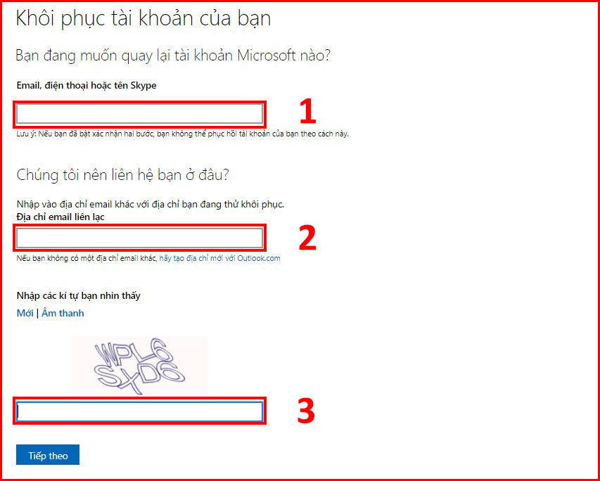 Hướng dẫn cách lấy lại, thay đổi mật khẩu tài khoản Microsoft của bạn > ĐIền thông tin đầy đủ vào biểu mẫu khôi phục
