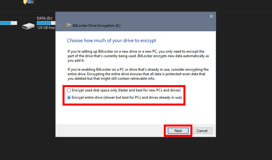 Hướng dẫn đặt và gỡ bỏ mật khẩu cho USB đơn giản trên Windows > Chọn 1 trong 2 tùy chọn mã hóa mật khẩu cho USB