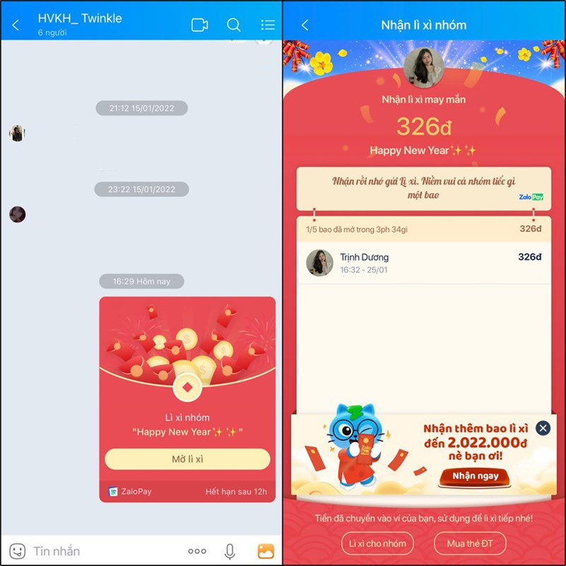 Lì xì bằng ứng dụng Zalo
