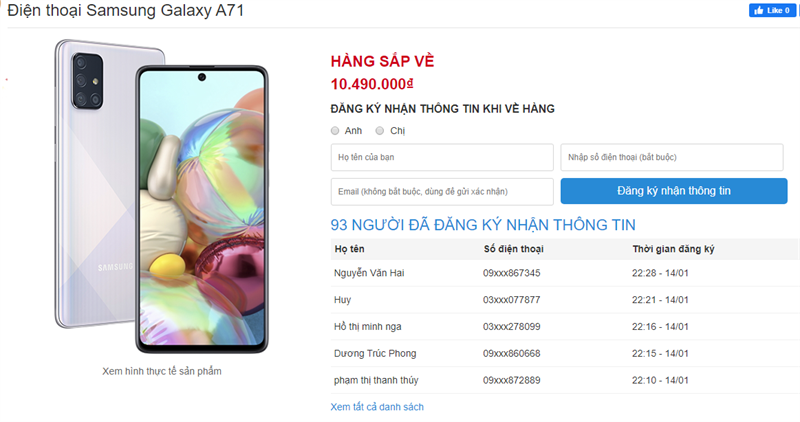 Samsung Galaxy A71 sắp lên kệ tại Thế Giới Di Động